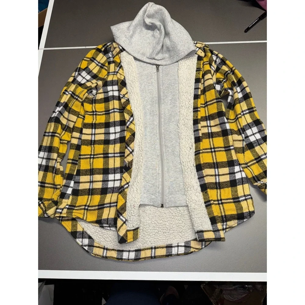 Yellow Plaid Sherpa Lined Hooded Flannel Jacket Zip Up‎ Layered Hoodie Shirt